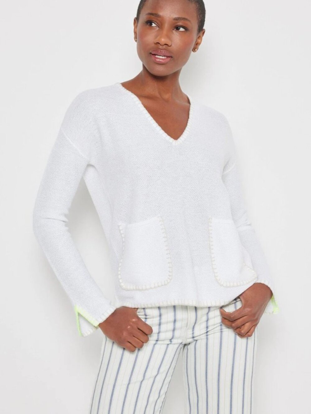 LISA TODD BEACH LOVER SWEATER WHITE LIME GREEN SIZE L LARGE